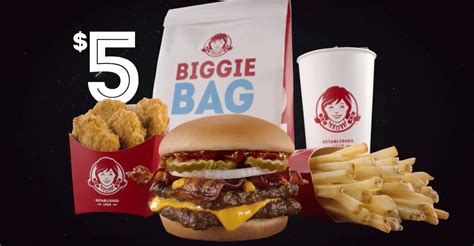 5 for 5 wendy - Select sandwiches available as part of the returning $5 Biggie Bag include: Jr. Bacon Cheeseburger, Double Stack, or classic Crispy Chicken BLT. You can snag a $5 Biggie Bag online, via the Wendy’s mobile app or in-restaurant at participating locations nationwide for a limited time. As an added bonus, from April 12 to April 24, 2022 fans get ...